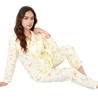 Women's Floral Print Pajama Set with Button-Up Top Single Chest Pocket and Relaxed Fit Pants