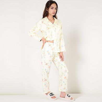 Women's Floral Print Pajama Set with Button-Up Top Single Chest Pocket and Relaxed Fit Pants