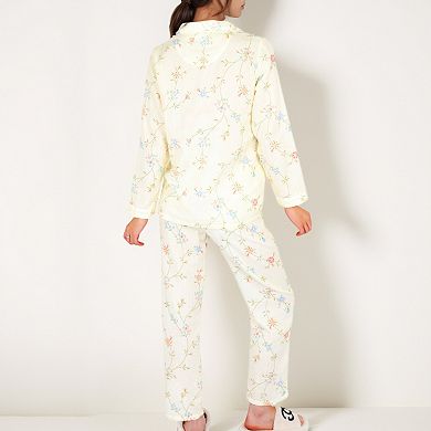 Women's Floral Print Pajama Set with Button-Up Top Single Chest Pocket and Relaxed Fit Pants