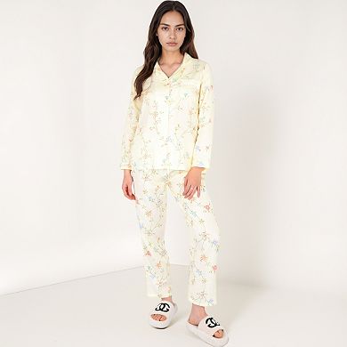 Women's Floral Print Pajama Set with Button-Up Top Single Chest Pocket and Relaxed Fit Pants