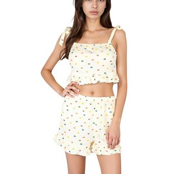 Women's Ruffle Hem Pajama Set with Tie Strap Crop Top and Multicolor Heart Print