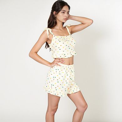 Women's Ruffle Hem Pajama Set with Tie Strap Crop Top and Multicolor Heart Print