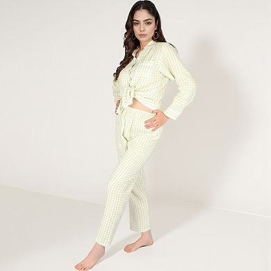Women's Gingham Pajama Set with Colorful Buttons Chest Pocket and Relaxed Fit Straight Pants