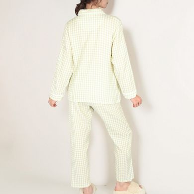 Women's Gingham Pajama Set with Colorful Buttons Chest Pocket and Relaxed Fit Straight Pants