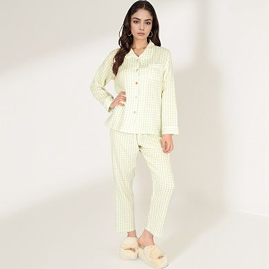 Women's Gingham Pajama Set with Colorful Buttons Chest Pocket and Relaxed Fit Straight Pants