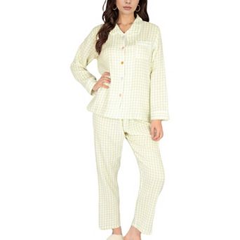 Women's Gingham Pajama Set with Colorful Buttons Chest Pocket and Relaxed Fit Straight Pants