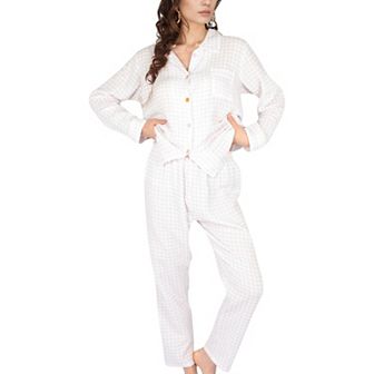 Women's Gingham Pajama Set with Colorful Buttons Chest Pocket and Relaxed Fit Straight Pants