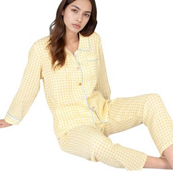 Women's Gingham Pajama Set with Colorful Buttons Chest Pocket and Relaxed Fit Straight Pants