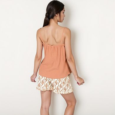 Women's Printed Sleepwear Set with Button-Front Tank Top and Ruffled Hem Shorts