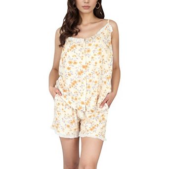 Women's Printed Sleepwear Set with Button-Front Tank Top and Ruffled Hem Shorts