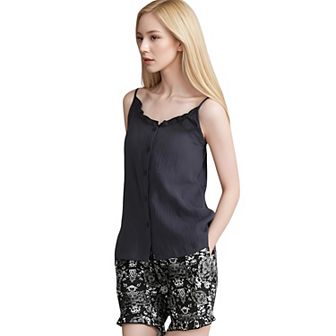 Women's Printed Sleepwear Set with Button-Front Tank Top and Ruffled Hem Shorts