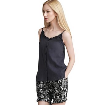Women's Printed Sleepwear Set with Button-Front Tank Top and Ruffled Hem Shorts