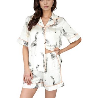 Women's Giraffe Print Pajama Set with Short Sleeve Button-Down Top and Matching Elastic Waist Shorts