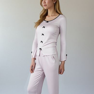 Women's Long Sleeve Pajama Set with Decorative Bows and Soft Wide Leg Pants