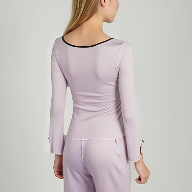 Women's Long Sleeve Pajama Set with Decorative Bows and Soft Wide Leg Pants