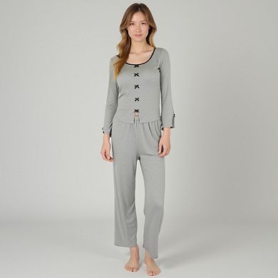 Women's Long Sleeve Pajama Set with Decorative Bows and Soft Wide Leg Pants