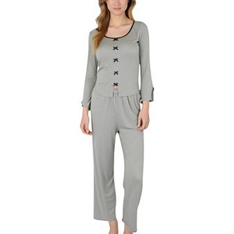 Women's Long Sleeve Pajama Set with Decorative Bows and Soft Wide Leg Pants