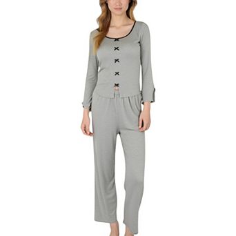 Women's Long Sleeve Pajama Set with Decorative Bows and Soft Wide Leg Pants