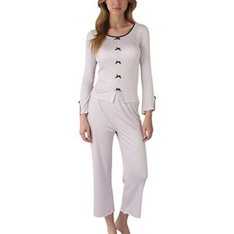 Women's Long Sleeve Pajama Set with Decorative Bows and Soft Wide Leg Pants
