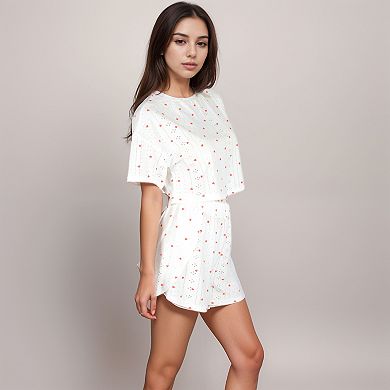 Women's Eyelet Pajama Set with Cropped Top Embroidered Heart Detail and Elastic Waist Lounge Shorts