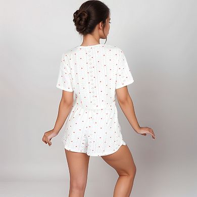 Women's Eyelet Pajama Set with Cropped Top Embroidered Heart Detail and Elastic Waist Lounge Shorts