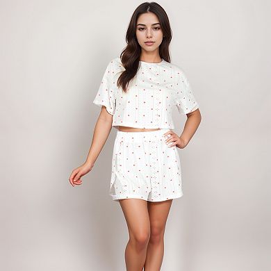 Women's Eyelet Pajama Set with Cropped Top Embroidered Heart Detail and Elastic Waist Lounge Shorts