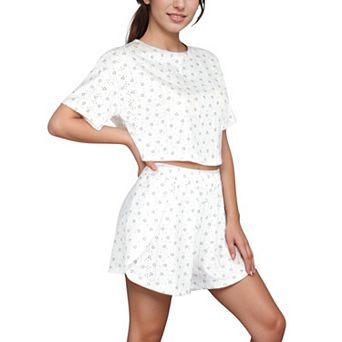 Women's Eyelet Pajama Set with Cropped Top Embroidered Heart Detail and Elastic Waist Lounge Shorts