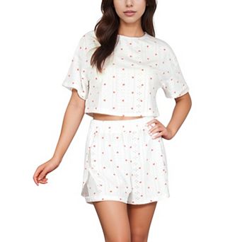 Women's Eyelet Pajama Set with Cropped Top Embroidered Heart Detail and Elastic Waist Lounge Shorts