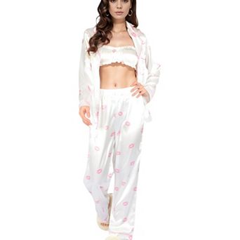 Women's Satin Three-Piece Pajama Set with Kiss Print Shirt Bandeau Top and Full-Length Lounge Pants