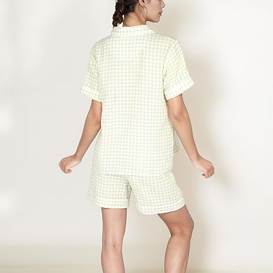 Women's Gingham Short Sleeve Pajama Set with Contrast Buttons and Matching Shorts