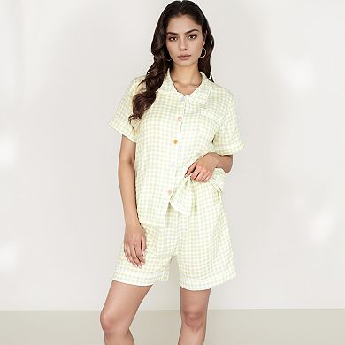 Women's Gingham Short Sleeve Pajama Set with Contrast Buttons and Matching Shorts