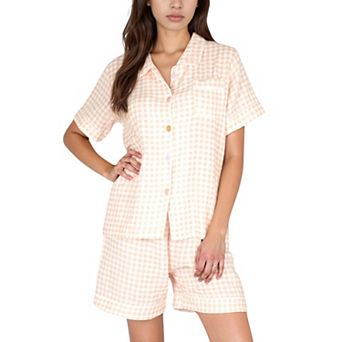 Women's Gingham Short Sleeve Pajama Set with Contrast Buttons and Matching Shorts