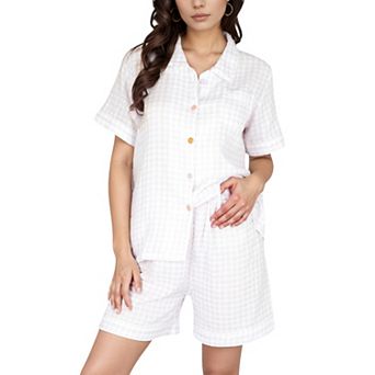 Women's Gingham Short Sleeve Pajama Set with Contrast Buttons and Matching Shorts