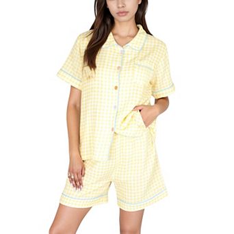 Women's Gingham Short Sleeve Pajama Set with Contrast Buttons and Matching Shorts