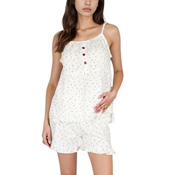 Women's Ditsy Floral Cami Pajama Set with Ruffle Trim Shorts and Button Front Detail