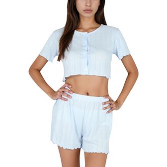Women's Ribbed Knit Sleepwear Set with Short Sleeve Button Front Top and High Waist Shorts