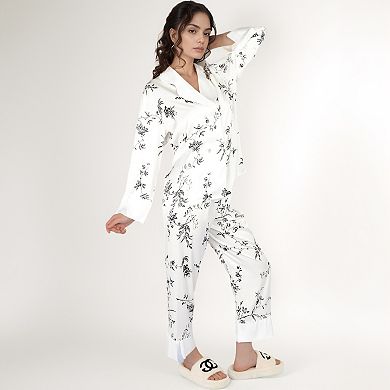 Women's Satin Floral Pajama Set with Notched Collar Button-Up Top and Relaxed Fit Full-Length Pants