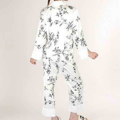 Women's Satin Floral Pajama Set with Notched Collar Button-Up Top and Relaxed Fit Full-Length Pants