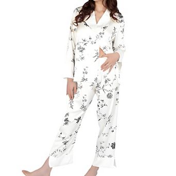 Women's Satin Floral Pajama Set with Notched Collar Button-Up Top and Relaxed Fit Full-Length Pants