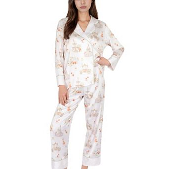 Women's Satin Floral Pajama Set with Notched Collar Button-Up Top and Relaxed Fit Full-Length Pants
