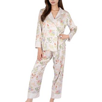 Women's Satin Floral Pajama Set with Notched Collar Button-Up Top and Relaxed Fit Full-Length Pants