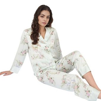 Women's Satin Floral Pajama Set with Notched Collar Button-Up Top and Relaxed Fit Full-Length Pants