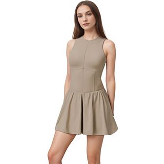 Women's High Neck Sleeveless Activewear Romper with Flowy Skirt Overlay and Built-In Shorts