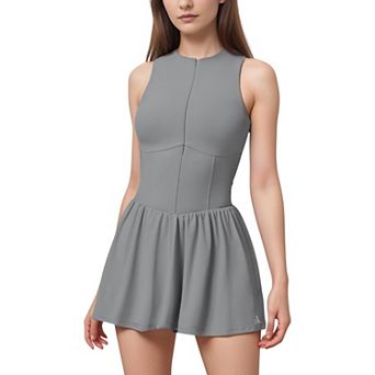 Women's High Neck Sleeveless Activewear Romper with Flowy Skirt Overlay and Built-In Shorts