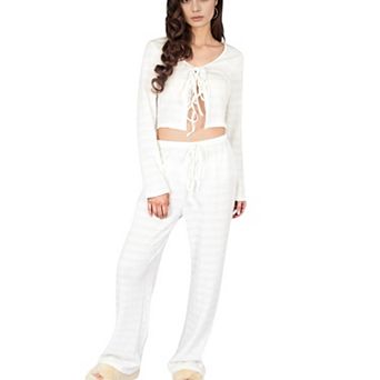 Women's Long Sleeve Waffle Knit Sleepwear Set with Front Tie Crop Top and Drawstring Lounge Pants