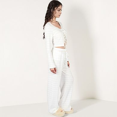Women's Long Sleeve Waffle Knit Sleepwear Set with Front Tie Crop Top and Drawstring Lounge Pants
