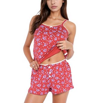 Women's Floral Print Cami Pajama Set with Button Trim and Contrast Lace Edging