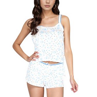 Women's Floral Print Cami Pajama Set with Button Trim and Contrast Lace Edging