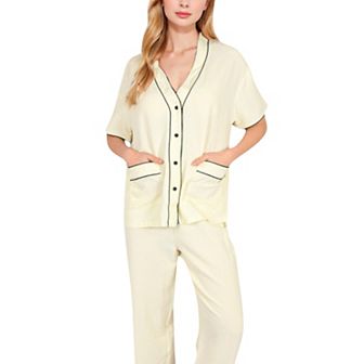Women's Short Sleeve Button-Up Pajama Set with Contrast Piping and Front Pockets