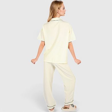 Women's Short Sleeve Button-Up Pajama Set with Contrast Piping and Front Pockets